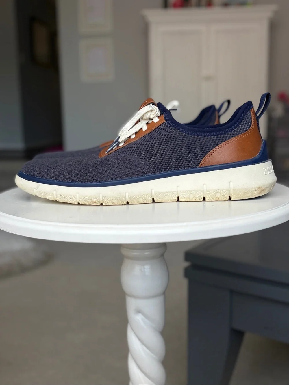 Cole Haan Navy Knit Sneakers with Brown Leather Accents